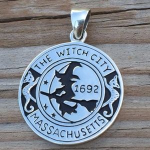 Salem Witch City Pendant solid .925 Sterling Silver Witch on Broom Cats